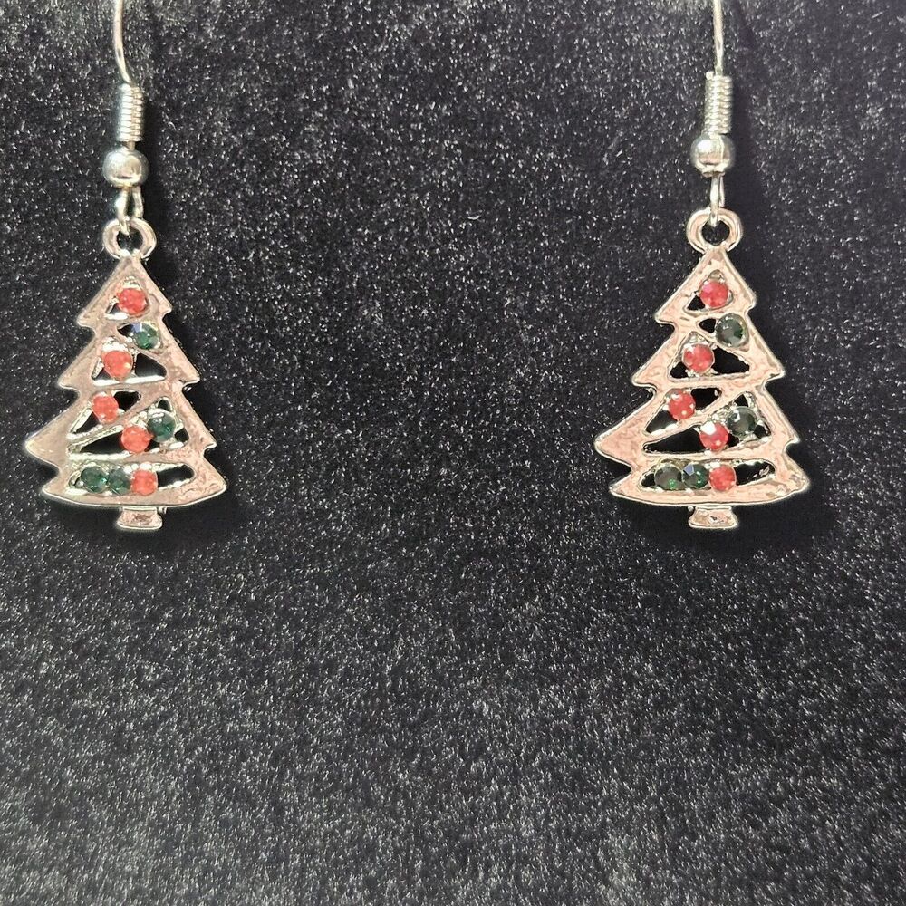 Silver Tone Christmas Tree Earrings With Red And Green Rhinestones